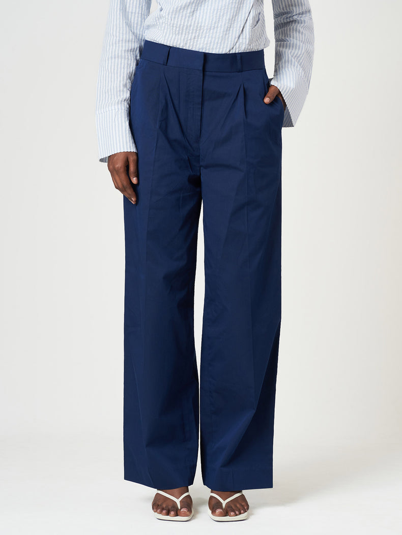 Blue Pleated High-Waisted Cotton Full Length Pants