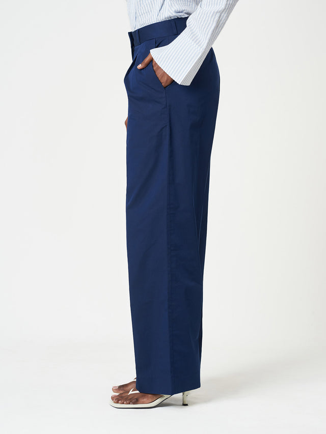 Blue Pleated High-Waisted Cotton Full Length Pants
