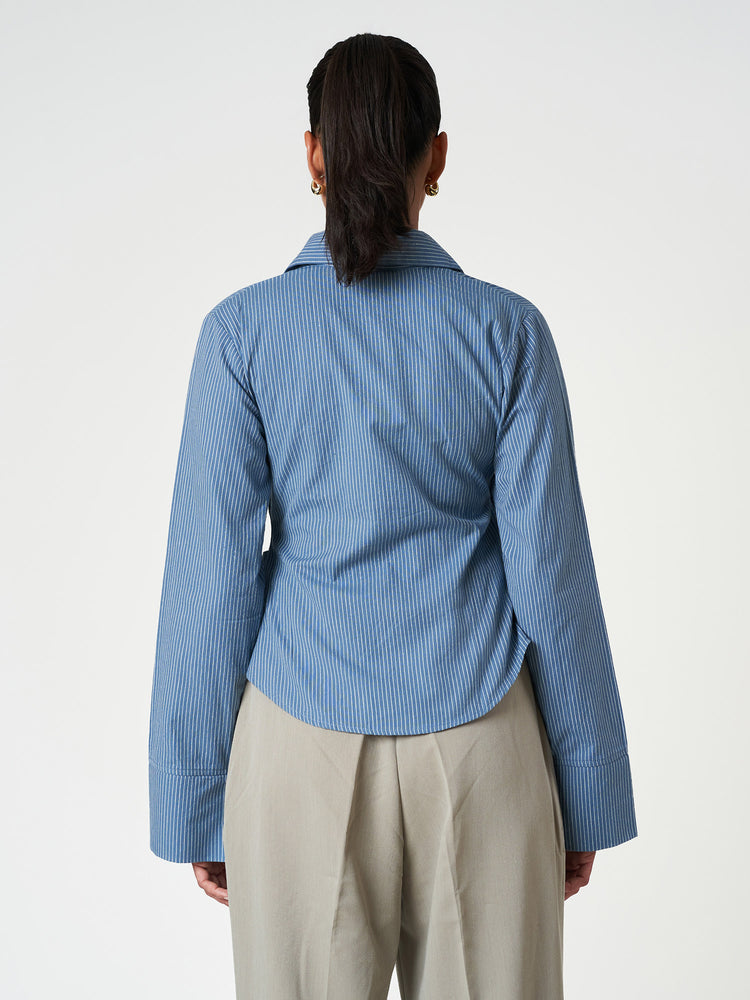 Blue Striped Long Sleeve Wrap Shirt
