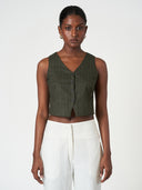 Green Cropped Button Striped Sleeveless Vest