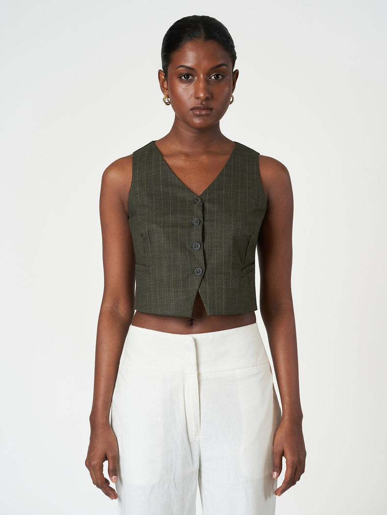 Green Cropped Button Striped Sleeveless Vest