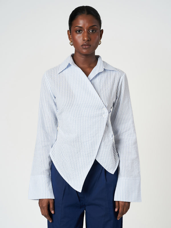 Light Blue Striped Long Sleeve Wrap Shir