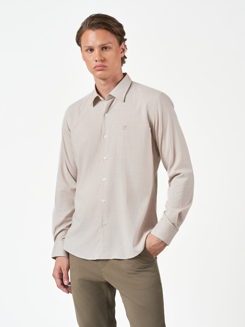 Beige Textured Casual Long Sleeve Shirt