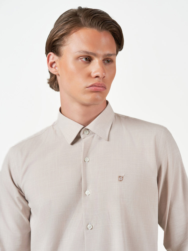 Beige Textured Casual Long Sleeve Shirt