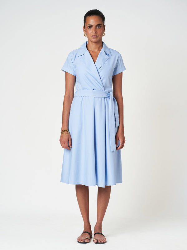 Sky Blue Flared Wrap Tie Midi Frock