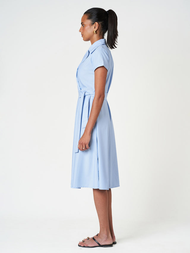 Sky Blue Flared Wrap Tie Midi Frock