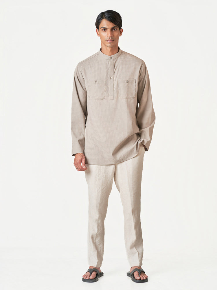 Beige Plain Cotton Casual Kurtha