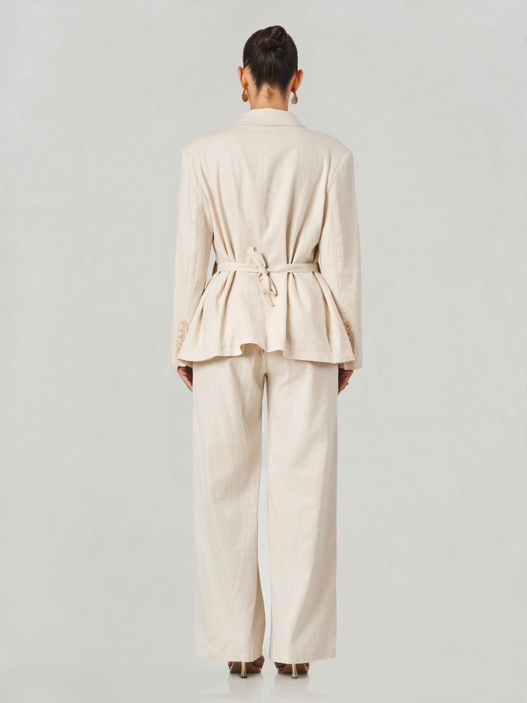 Beige Double-Breasted Linen Wide-Leg Suit