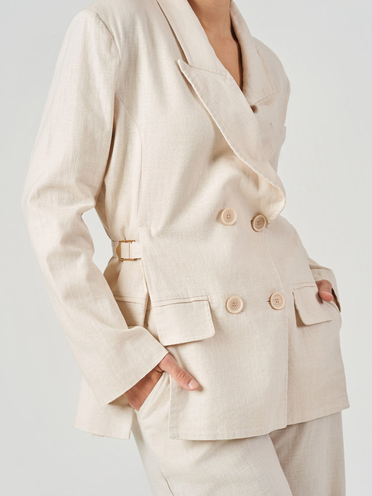 Beige Double-Breasted Linen Wide-Leg Suit