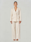 Beige Double-Breasted Linen Wide-Leg Suit