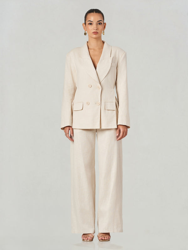 Beige Double-Breasted Linen Wide-Leg Suit