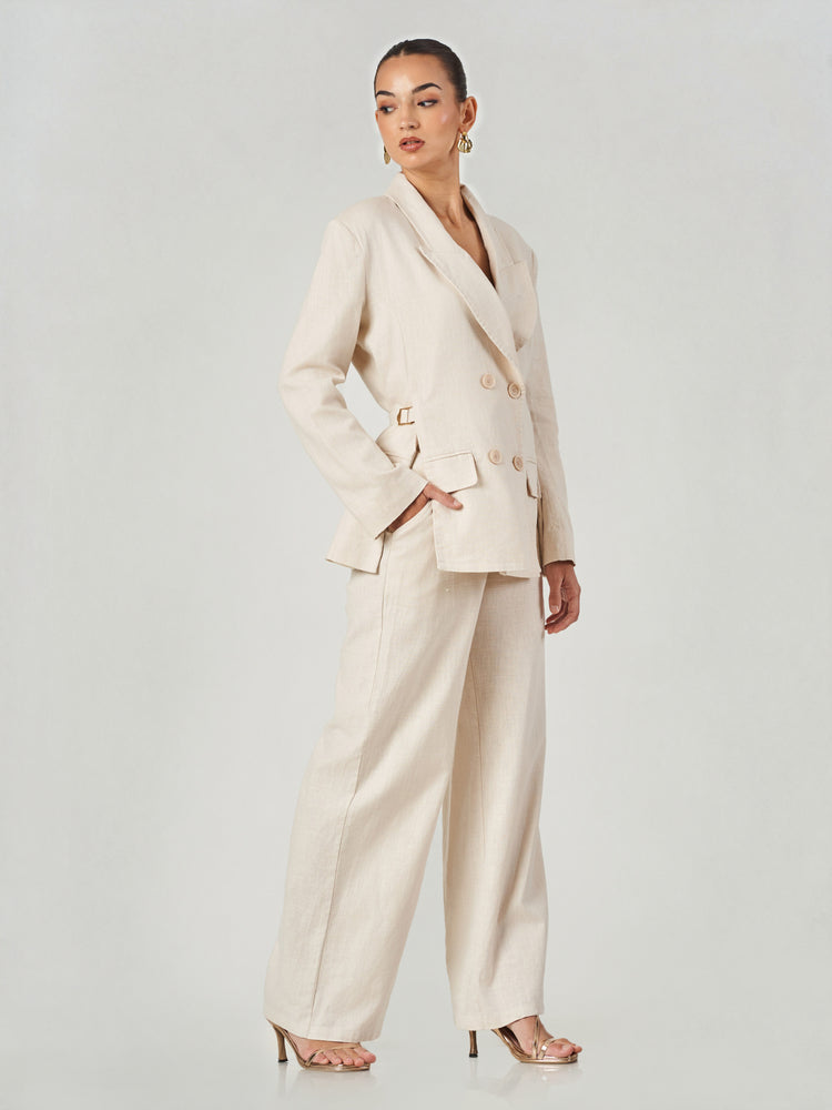 Beige Double-Breasted Linen Wide-Leg Suit