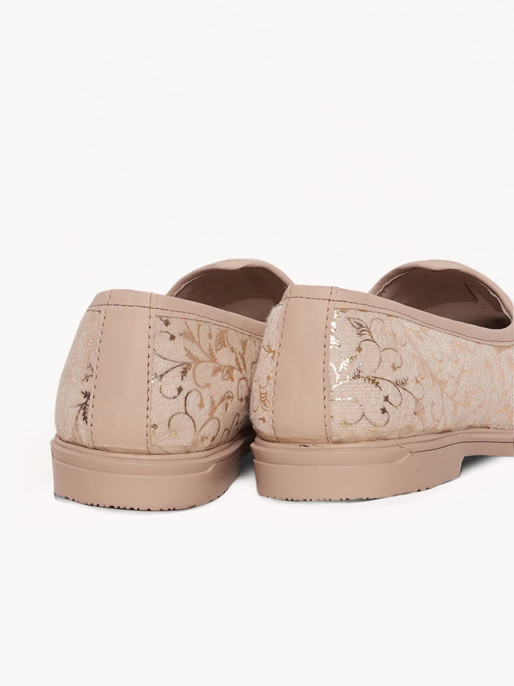 Beige Floral Embroidered Ethnic Slip-On Shoes