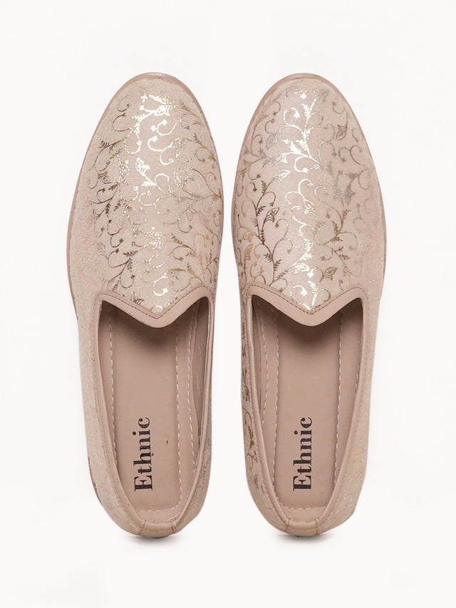 Beige Floral Embroidered Ethnic Slip-On Shoes