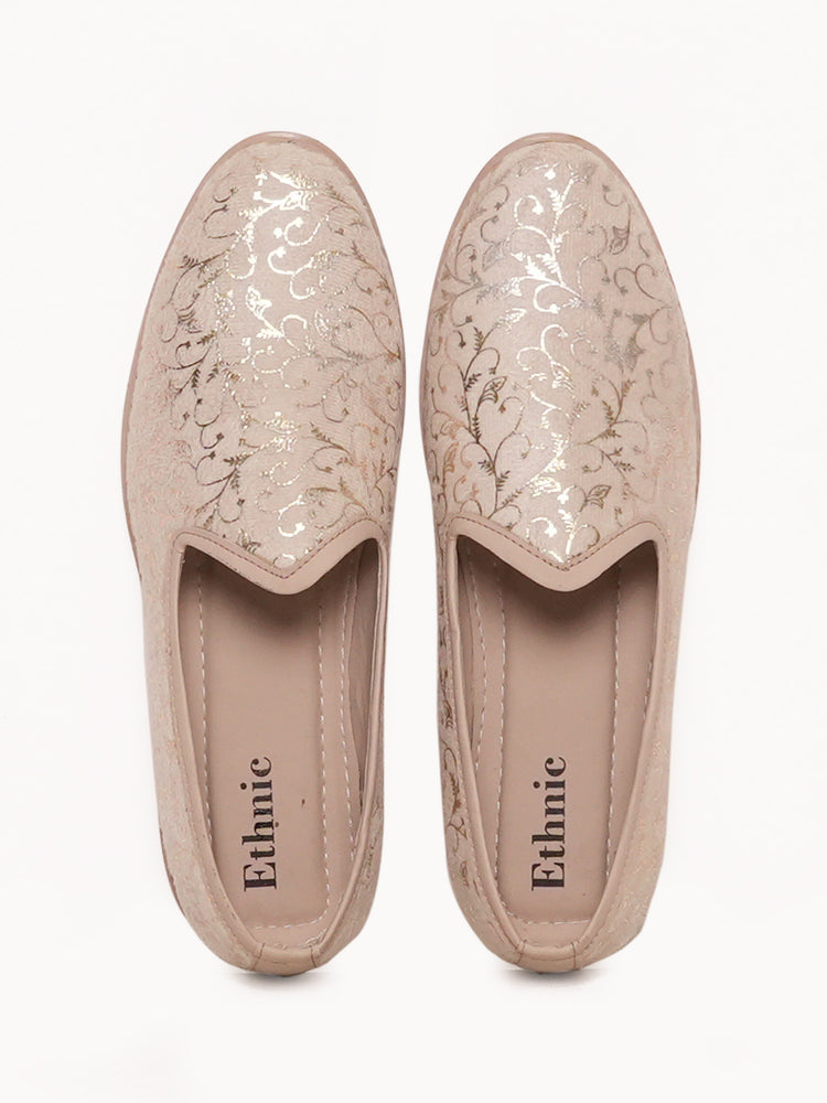 Beige Floral Embroidered Ethnic Slip-On Shoes