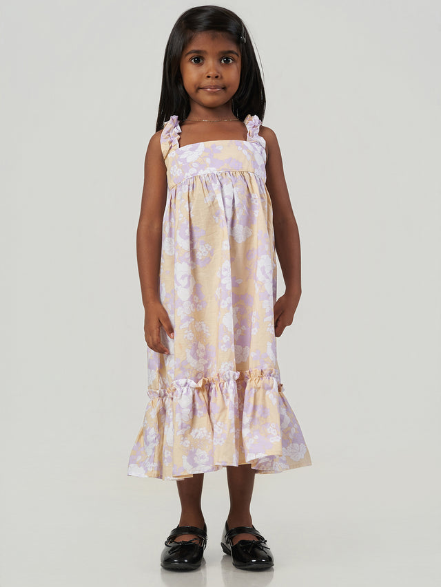 Beige Floral Printed Ruffle Strap Frock