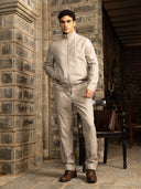 Beige Herringbone Textured Zip-Up Jacket and Trousers