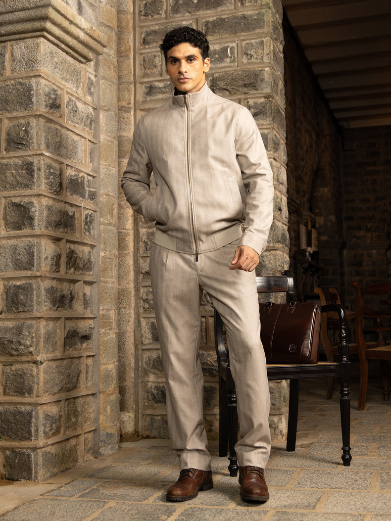 Beige Herringbone Textured Zip-Up Jacket and Trousers