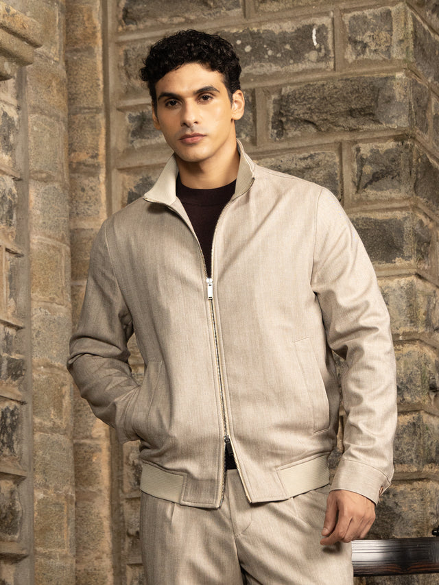 Beige Herringbone Textured Zip-Up Jacket and Trousers