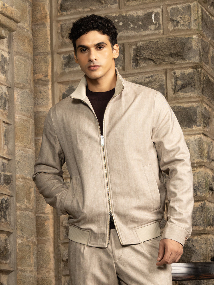 Beige Herringbone Textured Zip-Up Jacket and Trousers