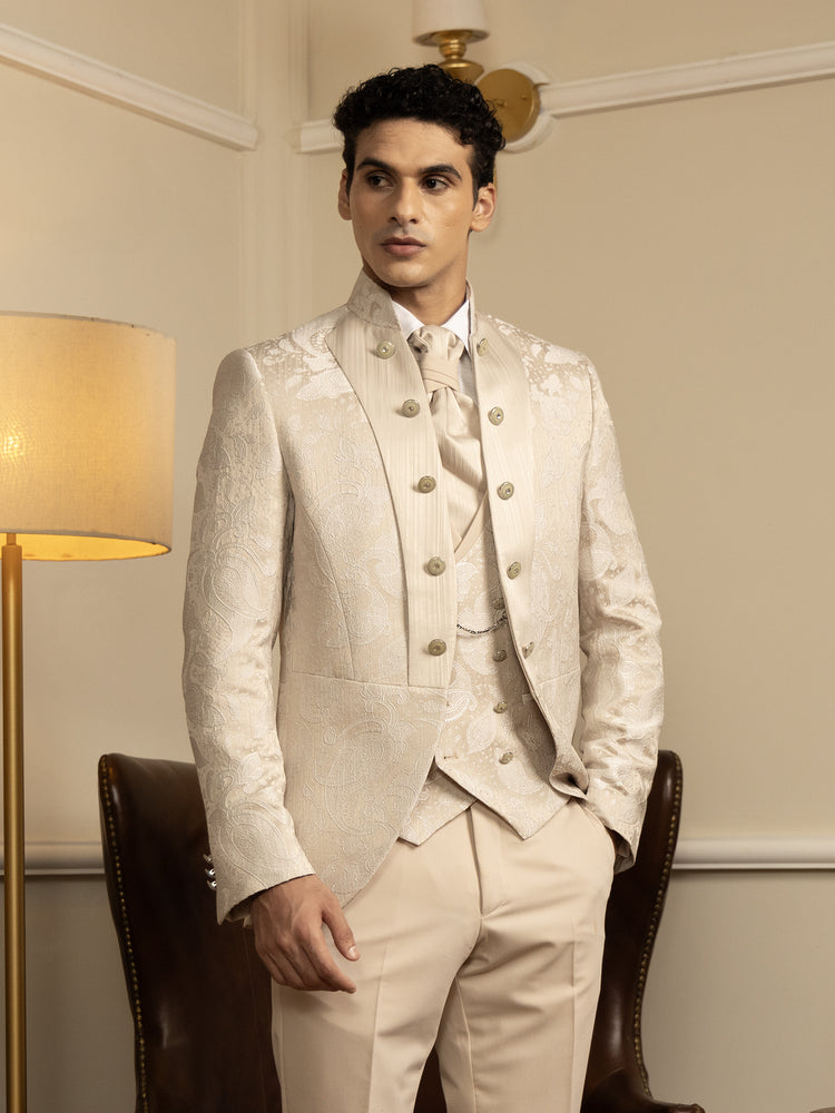 Beige Jacquard Slim Fit Ceremonial Suit