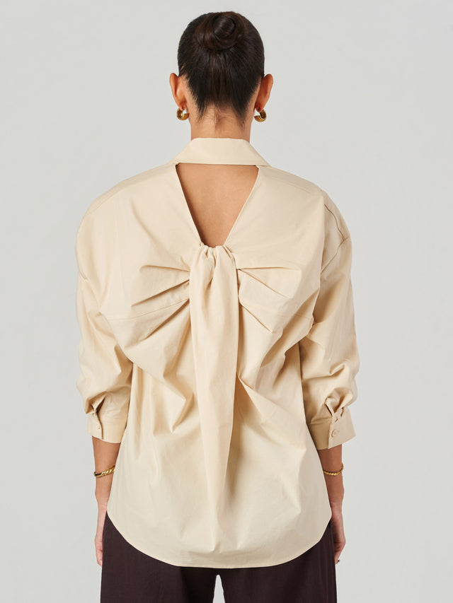 Beige Open Back Bow Detail Oversized Shirt