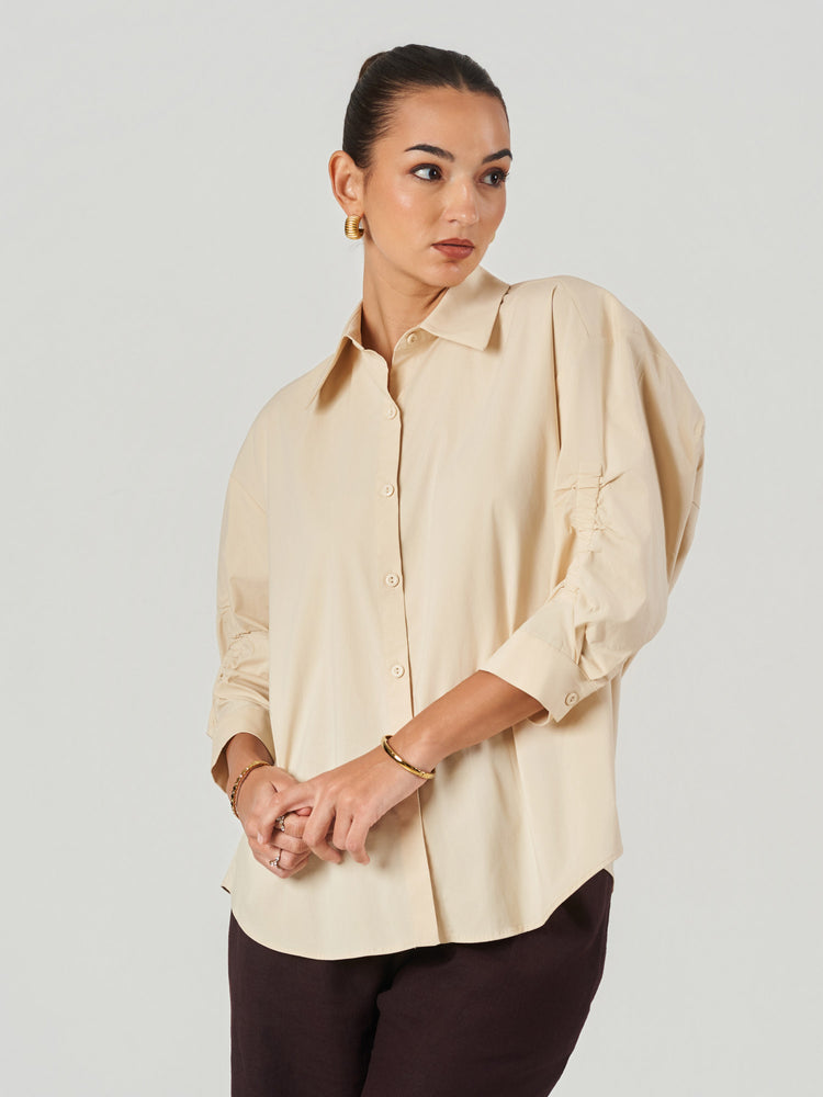 Beige Open Back Bow Detail Oversized Shirt