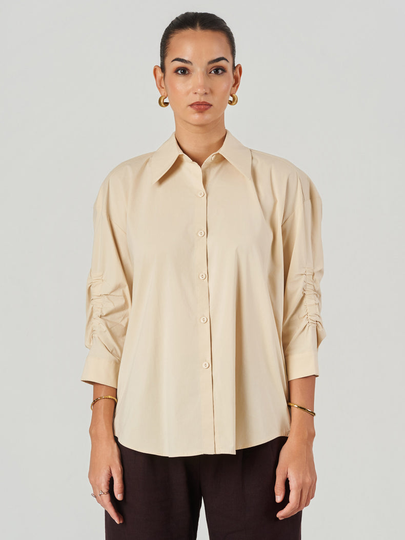Beige Open Back Bow Detail Oversized Shirt