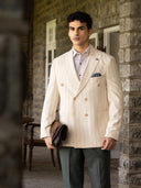 Beige Pinstripe Slim Fit Double Breasted Jacket