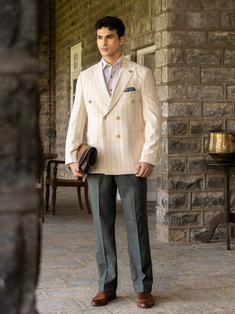 Beige Pinstripe Slim Fit Double Breasted Jacket