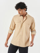 Beige Plain Regular Fit Casual Shirt
