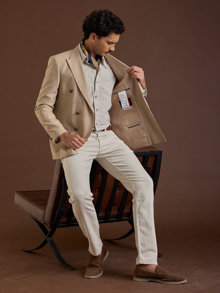 Beige Double-Breasted Slim Fit Jacket