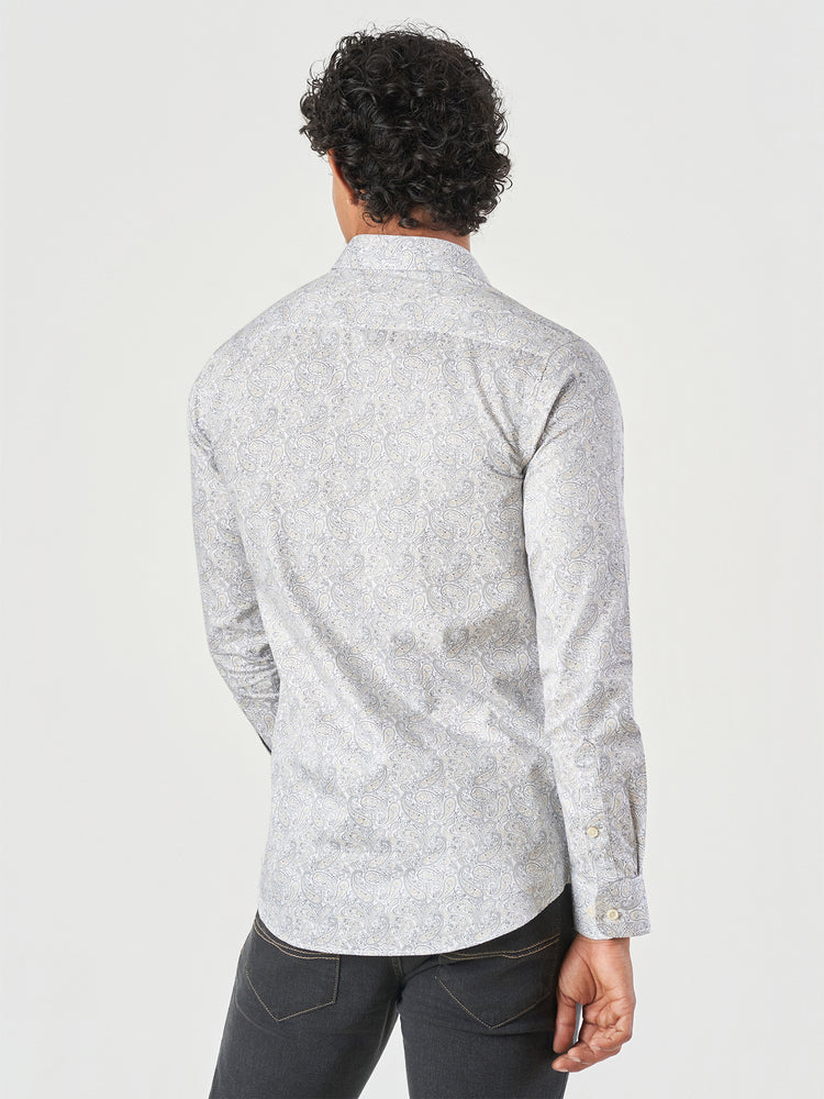 Beige Printed Cotton Slim Fit Casual Shirt