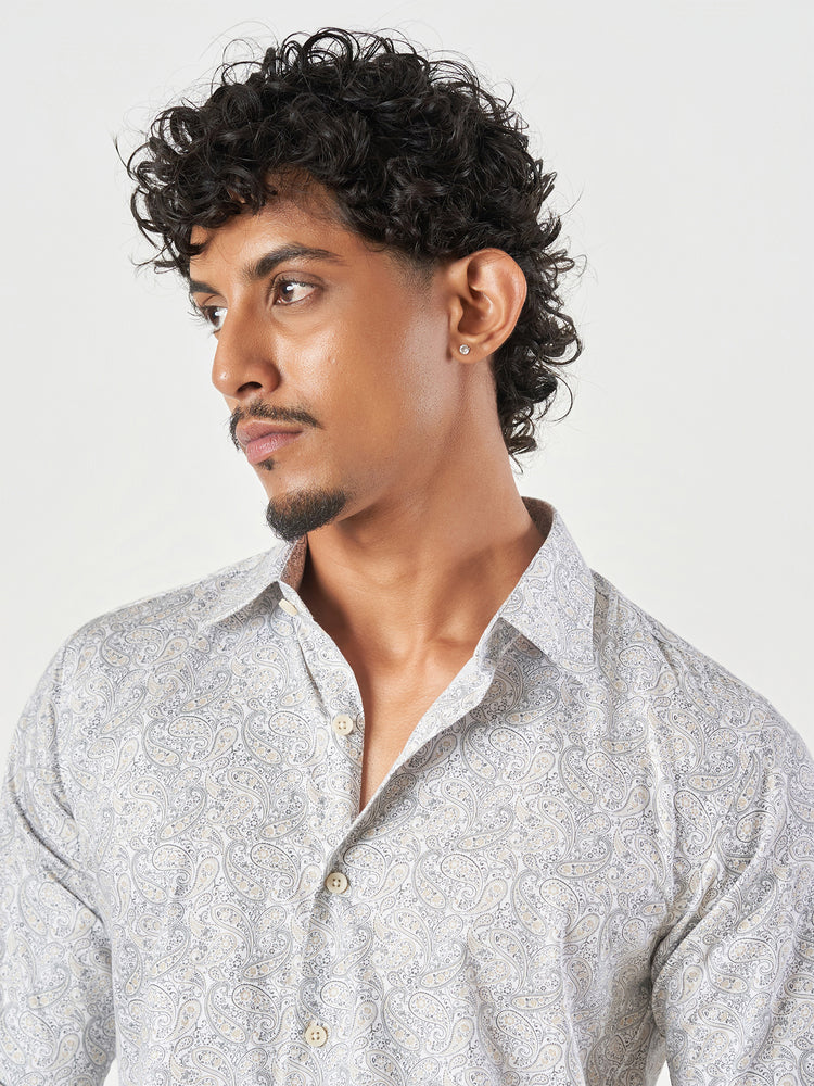 Beige Printed Cotton Slim Fit Casual Shirt
