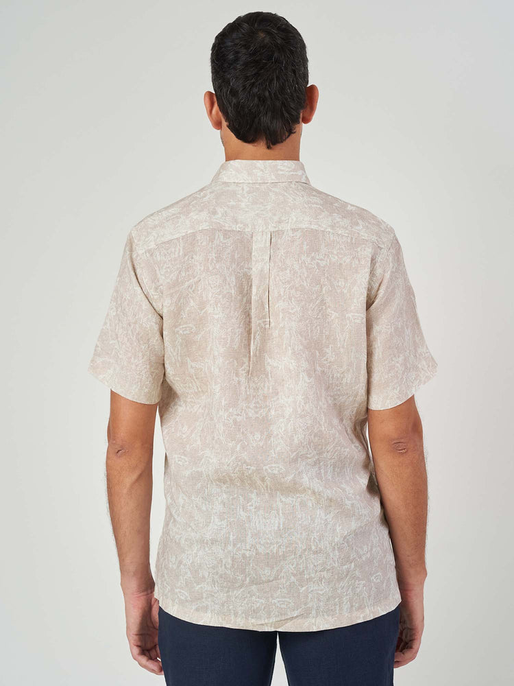 Beige Printed Linen Regular Fit Short Sleeve Shirt