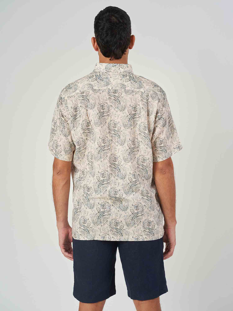 Beige Printed Linen Regular Fit Short Sleeve Shirt