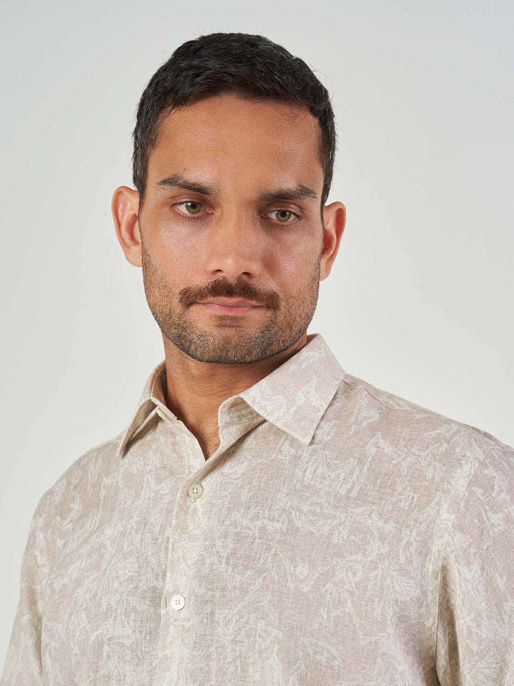 Beige Printed Linen Regular Fit Short Sleeve Shirt