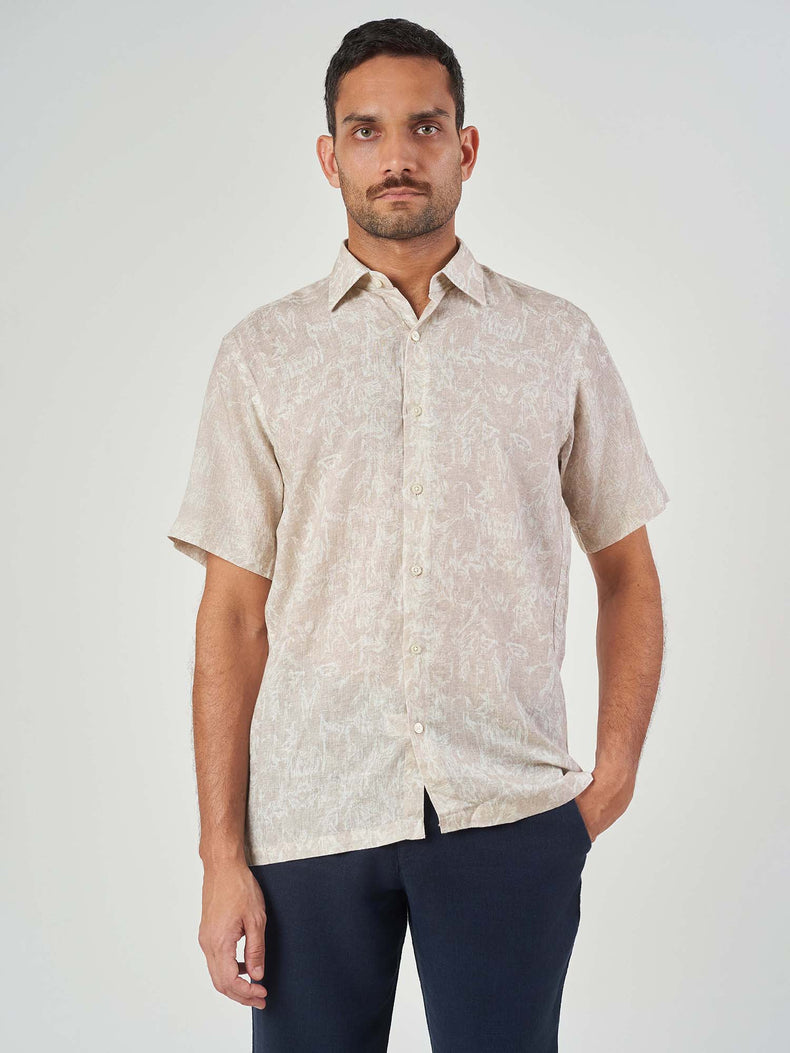 Beige Printed Linen Regular Fit Short Sleeve Shirt