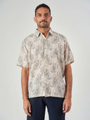 Beige Printed Linen Regular Fit Short Sleeve Shirt