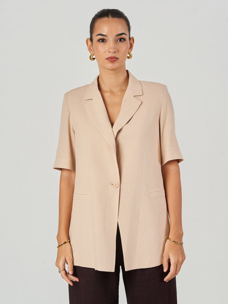 Beige Short Sleeve Linen Blazer