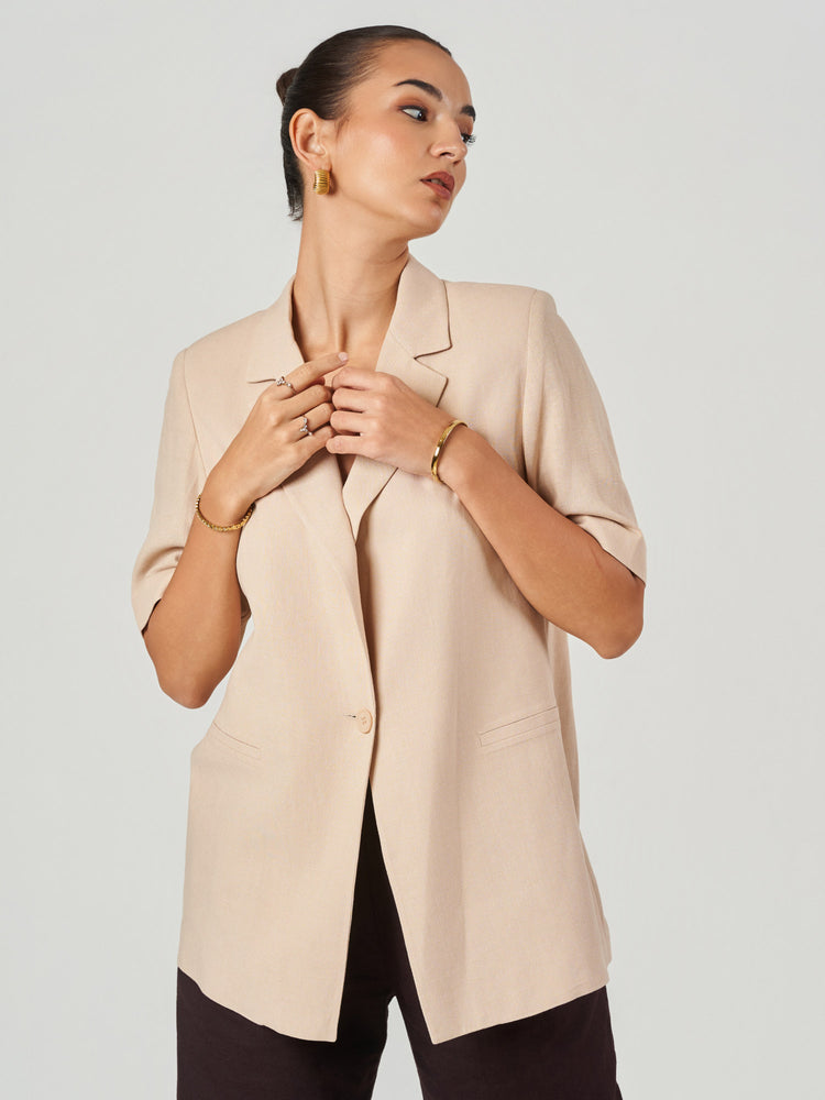 Beige Short Sleeve Linen Blazer