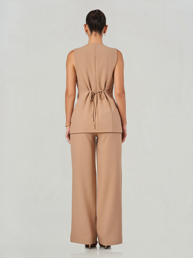 Beige Sleeveless Waistcoat & Wide-Leg Trouser Set