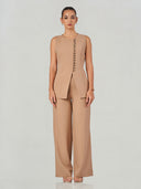 Beige Sleeveless Waistcoat & Wide-Leg Trouser Set