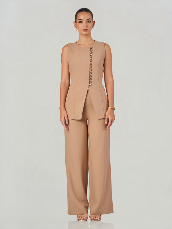 Beige Sleeveless Waistcoat & Wide-Leg Trouser Set