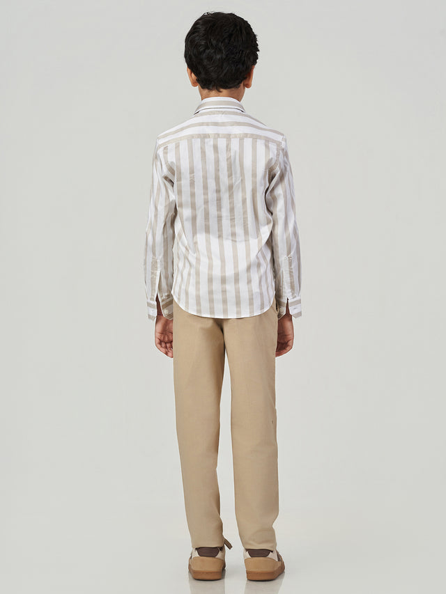 Beige Striped Cotton Long Sleeve Casual Shirt