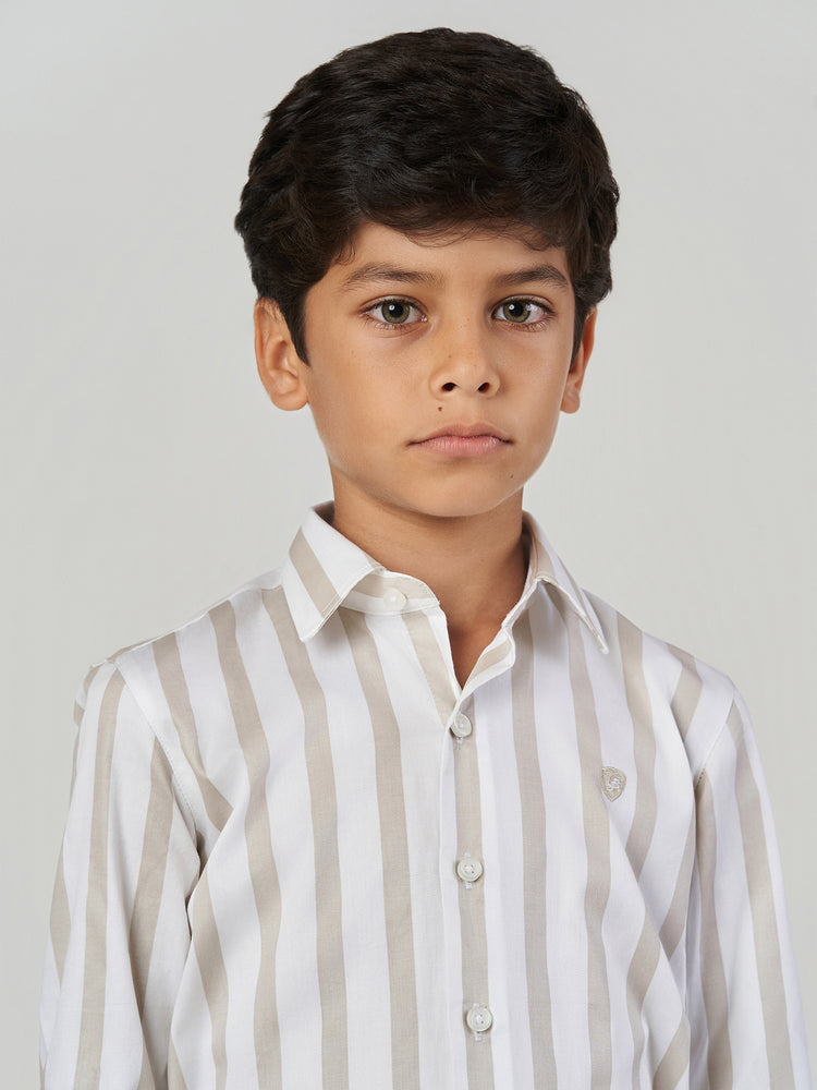 Beige Striped Cotton Long Sleeve Casual Shirt