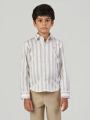 Beige Striped Cotton Long Sleeve Casual Shirt