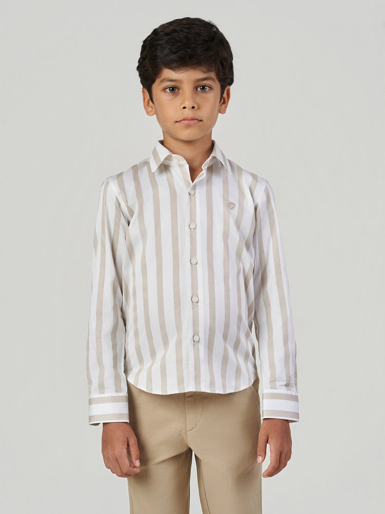 Beige Striped Cotton Long Sleeve Casual Shirt