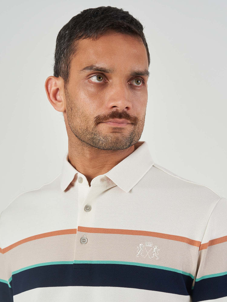 Beige Striped Cotton Short Sleeve Shirt