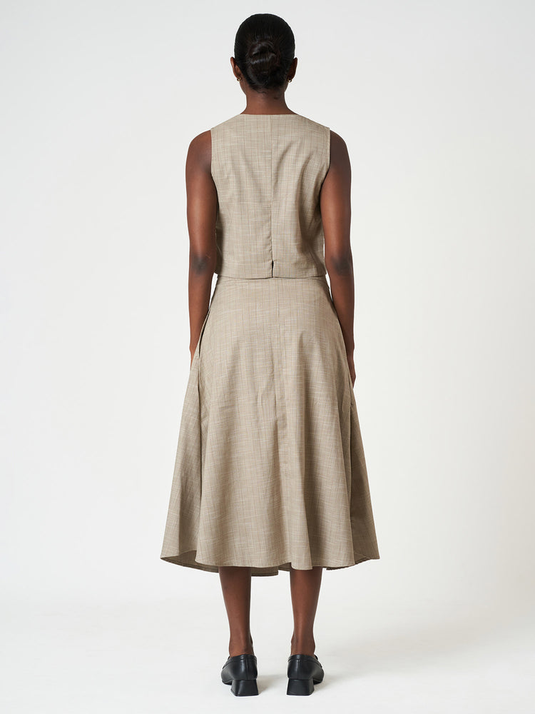 Beige Striped Waistcoat Set with A-Line Midi Skirt